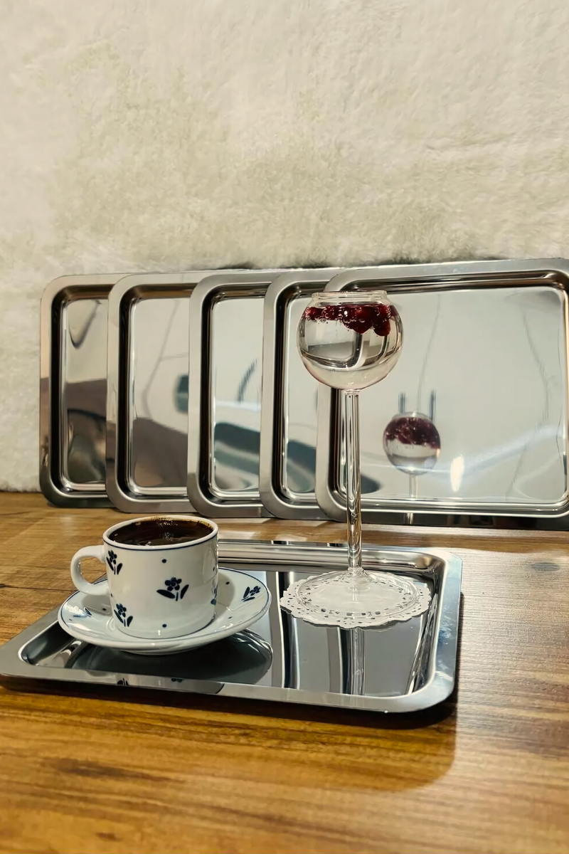 6lı Lüx Paslanmaz Çelik Kare Çay, Kahve, Pasta Servis Tepsisi Dekoratif Sunum Tepsisi