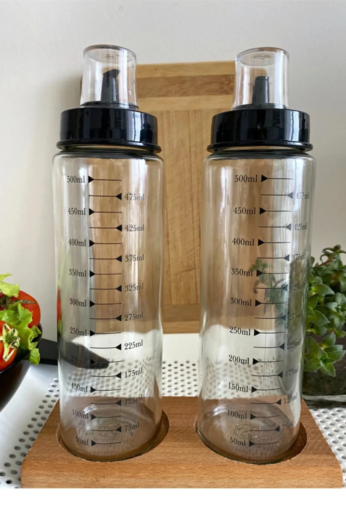 Ahşap Standlı 2`li 500 Ml Damlatmaz Akıllı Cam Yağlık-sirkelik Seti