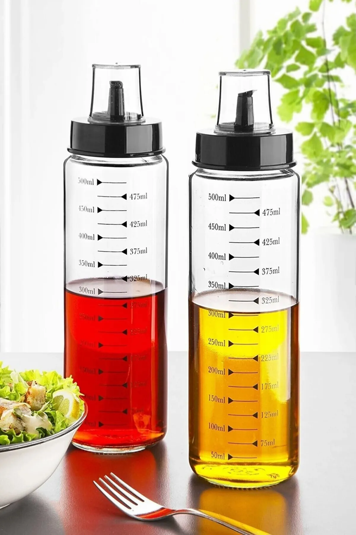 Ahşap Standlı 2`li 500 Ml Damlatmaz Akıllı Cam Yağlık-sirkelik Seti