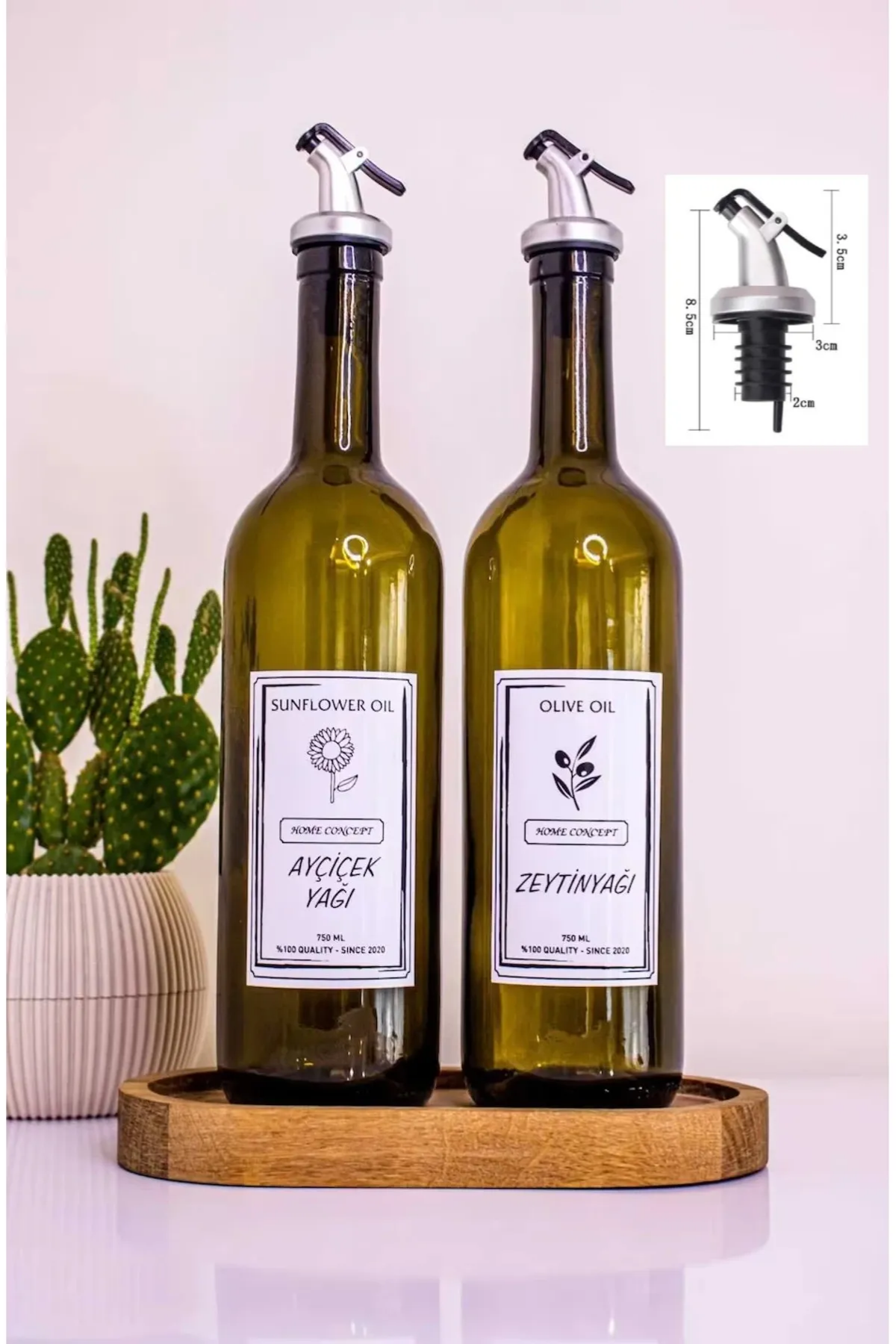 Yaren StyleAhşap Stantlı Amber 2'li 750 ml Zeytinyağı Sıvıyağ Şişesi Yağdanlık Yağlık Cam Şişe - Renk : Haki