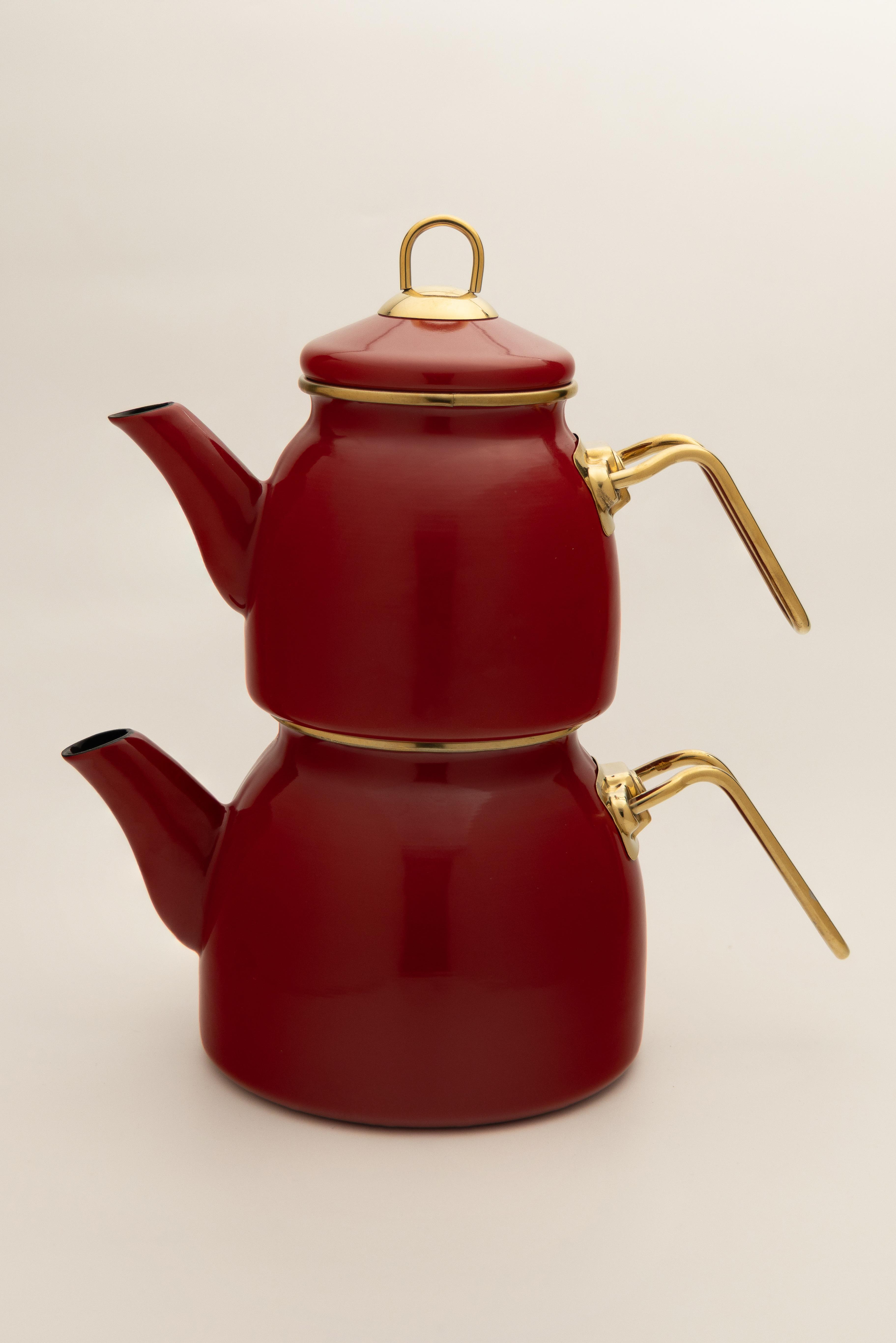 YarenStyle Bordo Emaye Çaydanlık Takımı 2 Lt | Altın Renkli Metal Kulplu Retro İndüksiyon Taban - Yaren Style