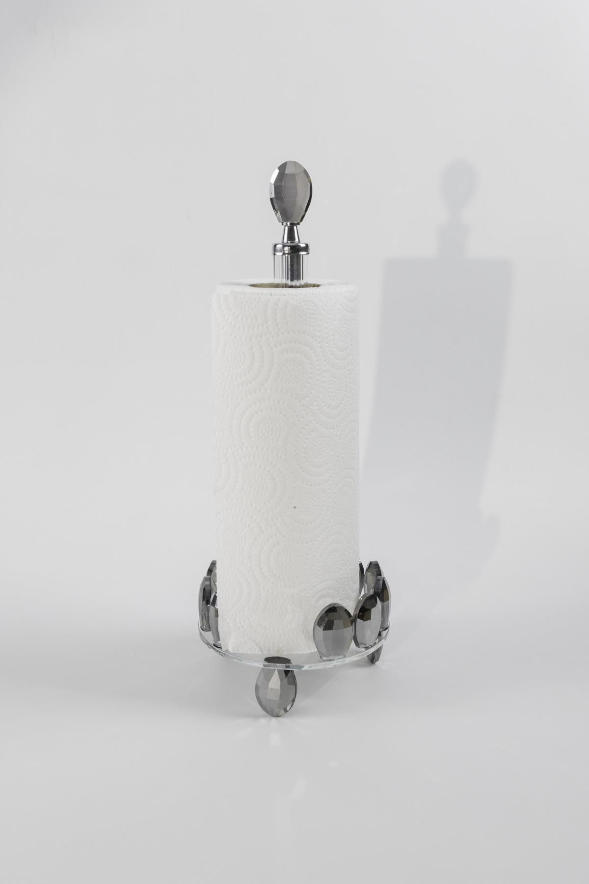 Kristal Taşlı Kağıt Havluluk 35x13 – Gümüş Renk, Lüks Metal, Tezgah Üstü Mutfak/Banyo, Standart Rulo Peçetelik