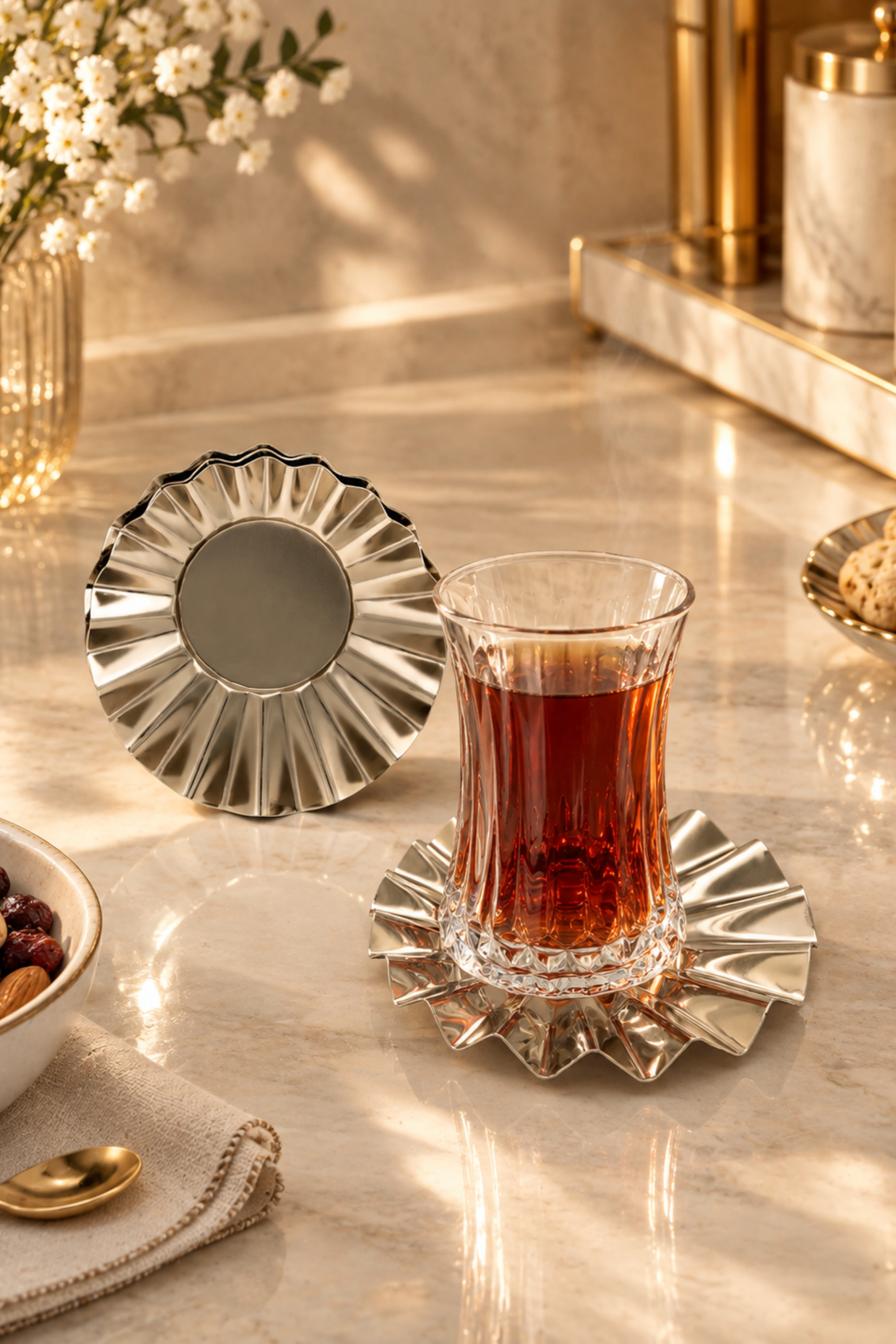 Plise Yelpaze 6lı Çelik Çay Bardağı Tabağı Seti
