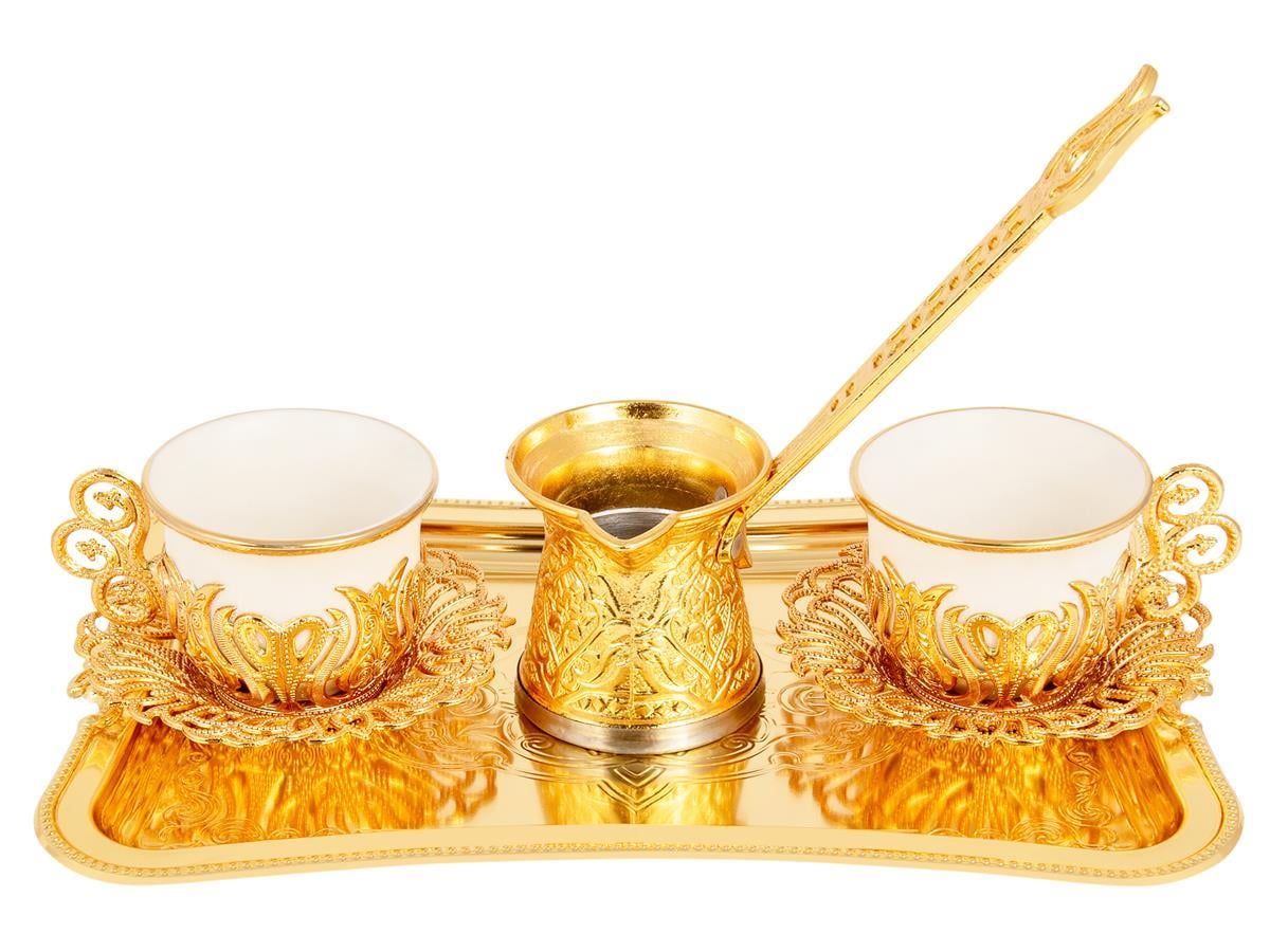 Türk Kahvesi 2li Gold Sunum Seti – Tepsili ve Cezveli Şık Kahve Takımı