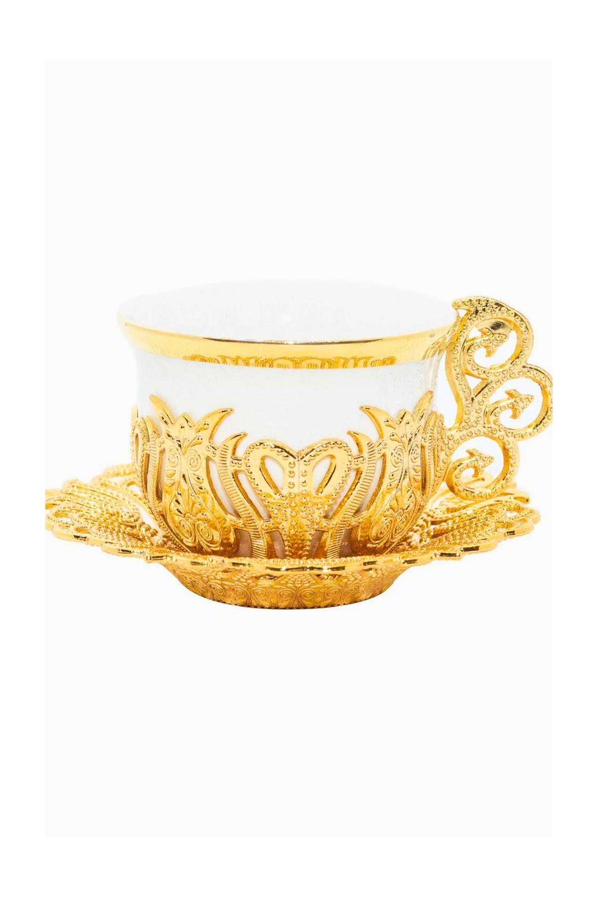 Türk Kahvesi Sunum Seti – Gold Metal Lale Motifli 6lı Kahve Fincan Takımı