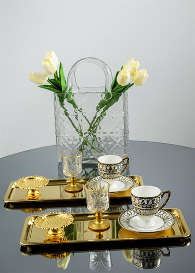 2li Lüks Paslanmaz Çelik Gold Baton Tepsi Seti – Çay, Kahve, Pasta, Sunum ve Çeyiz İçin Dekoratif Servis