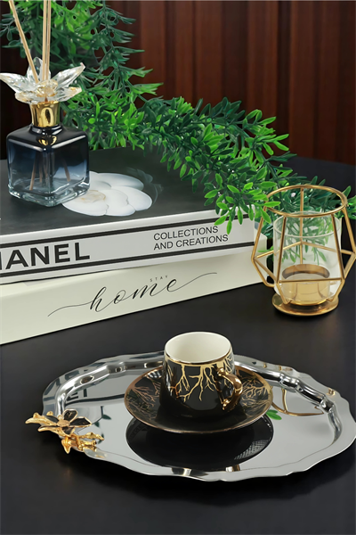 Lüx 3lü Oval Mini Zambak Çiçek Figürlü Paslanmaz Çelik Kahve Sunum Tepsisi – Kararmayan Şıklık