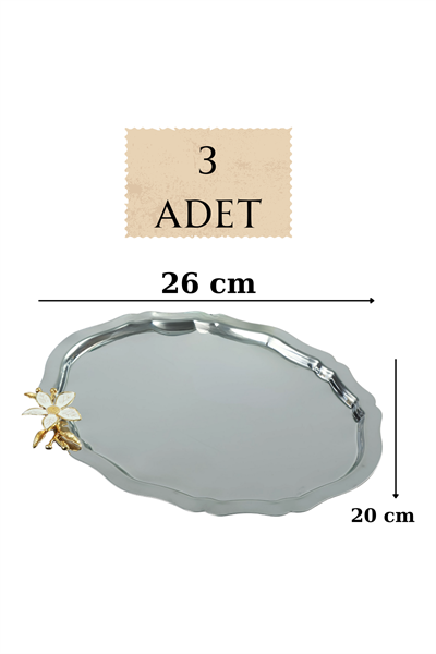 3lü Lüx Oval Mini Zambak Çiçek Figürlü Paslanmaz Çelik Kahve Sunum Tepsisi – Kararmayan Şıklık