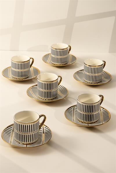 6 Kişilik Siyah Beyaz Çizgili Gold Detaylı Porselen Kahve Fincan Takımı – Modern Şık Tasarım | Yaren Style