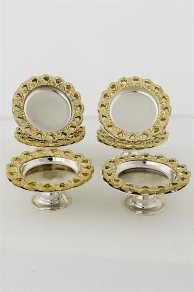 6’lı Kahve Yanı Ayaklı Lokumluk & Şekerlik Seti – Gold Zamak Kenar, Gümüş Renk Gövde (Ø6 cm, 2.5 cm) - Yaren Style