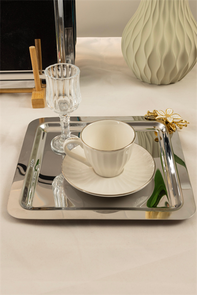 6lı Kare Paslanmaz Çelik Tepsi Seti 21x21 cm – Gold Papatya Figürlü Kahve & Çay Sunum Tepsisi