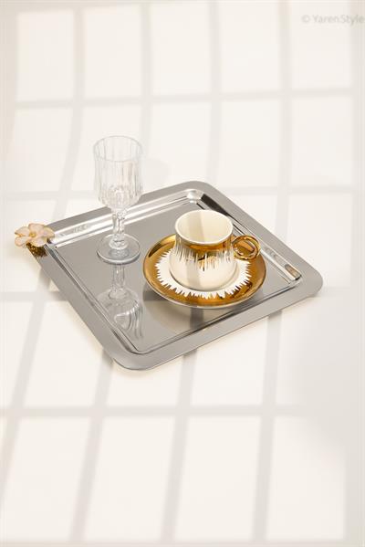 6lı Lüks Kare Sunum Tepsisi Seti | Altın Detaylı Mineli Çiçek Figürlü Paslanmaz Çelik 21x21 cm