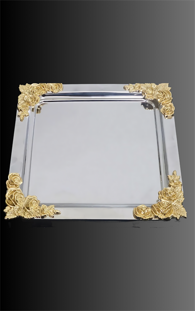 6lı Lüx Gül Figürlü Paslanmaz Çelik Kahve, Çay & Sunum Tepsisi