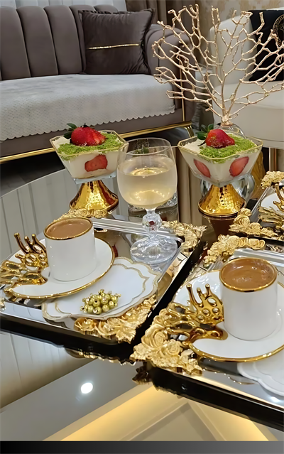 6lı Lüx Gül Figürlü Paslanmaz Çelik Kahve, Çay & Sunum Tepsisi