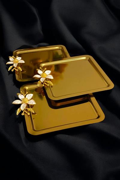 3Lü Lüx Kahve Sunum Tepsisi | Gold Zambak Çiçekli