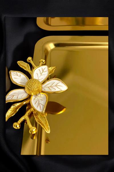 6lı Lüx Kahve Sunum Tepsisi | Gold Zambak Çiçekli