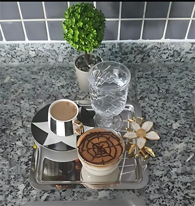 3lü Lüx Kahve Sunum Tepsisi | Gümüş Zambak Çiçekli