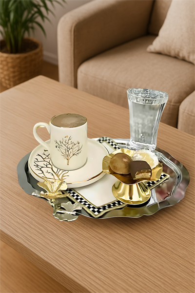 6lı Lüx Oval Kahve Sunum Tepsisi | Kelebek Aksesuarlı Paslanmaz Kahve, Çay, Dekoratif Tepsi 25x20cm
