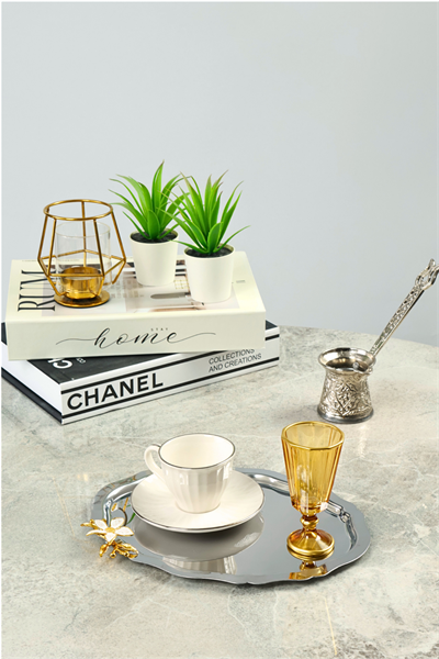 6lı Lüx Oval Mini Zambak Çiçek Figürlü Paslanmaz Çelik Kahve Sunum Tepsisi – Kararmayan Şıklık