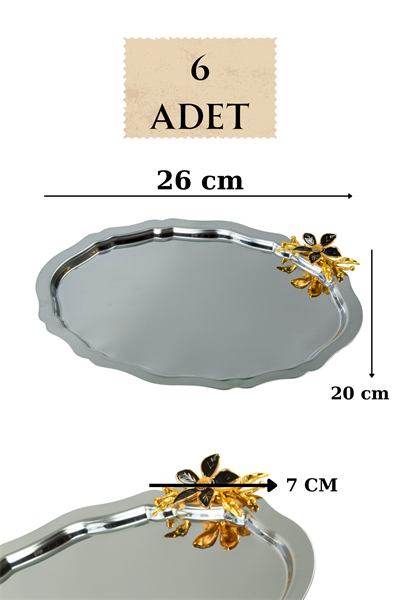 6lı Lüx Oval Zambak Çiçek Figürlü Paslanmaz Çelik Kahve Sunum Tepsisi – Kararmayan Şıklık