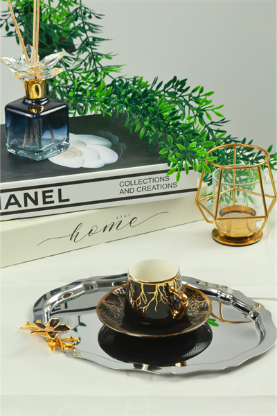 6lı Lüx Oval Zambak Çiçek Figürlü Paslanmaz Çelik Kahve Sunum Tepsisi – Kararmayan Şıklık