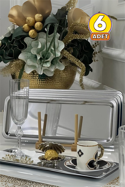 6lı Lüx Paslanmaz Çelik Baton Çay, Kahve, Pasta, Servis, Dekoratif Çeyiz Sunum Tepsisi