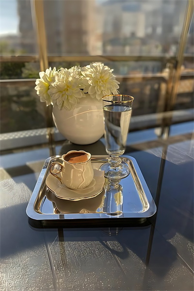 6lı Lüx Paslanmaz Çelik Kare Çay, Kahve, Pasta Servis Tepsisi Dekoratif Sunum Tepsisi