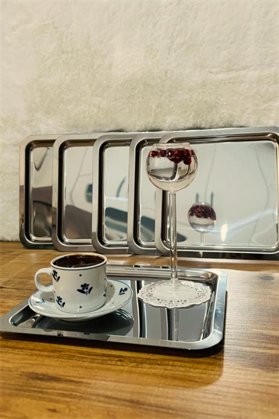 6lı Lüx Paslanmaz Çelik Kare Çay, Kahve, Pasta Servis Tepsisi Dekoratif Sunum Tepsisi