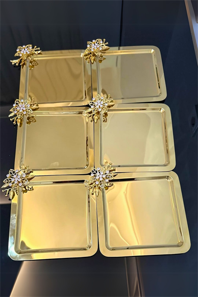 6lı Lüx Taşlı Papatya Çiçek Aksesuarlı Gold Renk Sunum Tepsisi | Dekoratif Söz, Kahve, Çay, Tepsisi