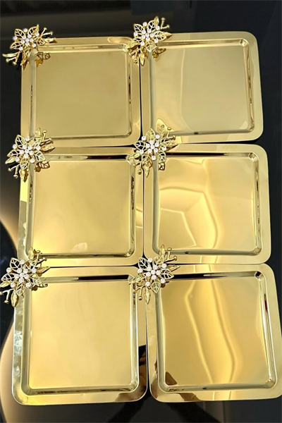 6lı Lüx Taşlı Papatya Çiçek Aksesuarlı Gold Renk Sunum Tepsisi | Dekoratif Söz, Kahve, Çay, Tepsisi