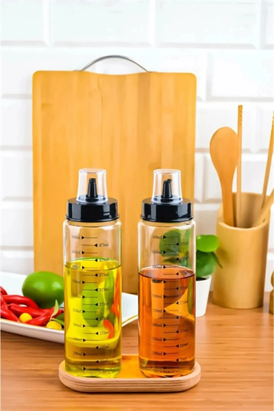 Ahşap Standlı 2`li 500 Ml Damlatmaz Akıllı Cam Yağlık-sirkelik Seti