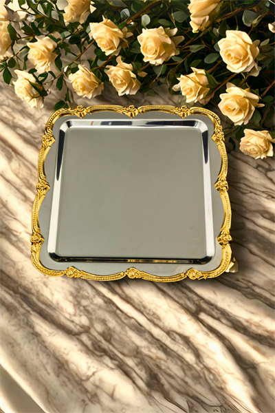 Gül Figürlü Gold Döküm Kenarlı Paslanmaz Çelik Kare Sunum Tepsisi – Kararmayan Şıklık