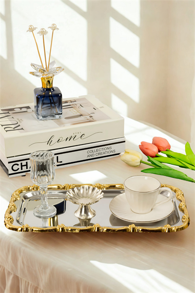 Gold Gül Desenli Paslanmaz Çelik Tepsi | 33x18 cm Lüks Sunum Tepsisi