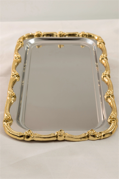Gold Gül Desenli Paslanmaz Çelik Tepsi | 33x18 cm Lüks Sunum Tepsisi