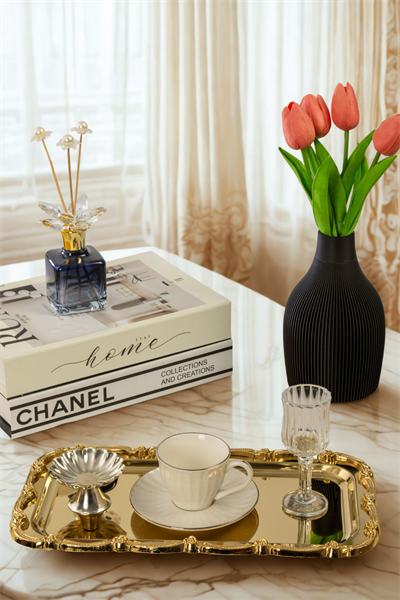 Gold Gül Detaylı Çerçeveli Sunum Tepsisi | 33x18 cm Paslanmaz Çelik Lüks Kahve Tepsisi