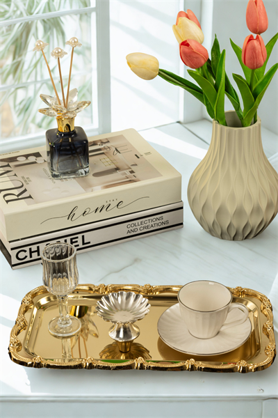 Gold Gül Detaylı Çerçeveli Sunum Tepsisi | 33x18 cm Paslanmaz Çelik Lüks Kahve Tepsisi