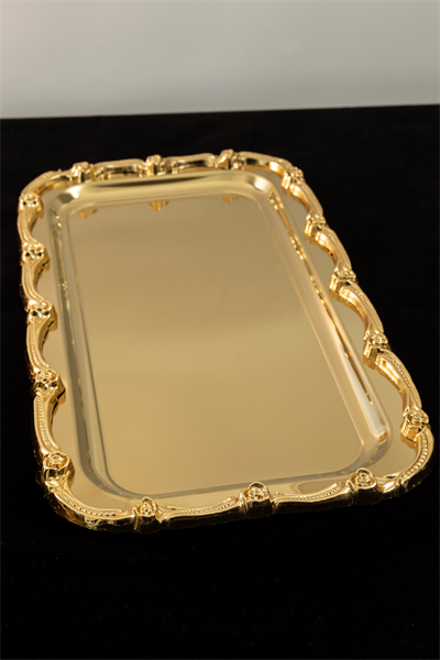 Gold Gül Detaylı Çerçeveli Sunum Tepsisi | 33x18 cm Paslanmaz Çelik Lüks Kahve Tepsisi