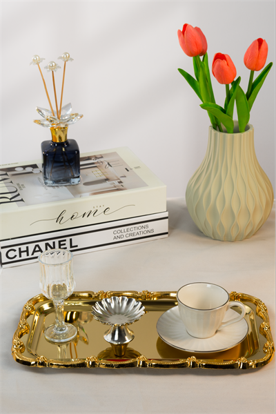 Gold Gül Detaylı Çerçeveli Sunum Tepsisi | 33x18 cm Paslanmaz Çelik Lüks Kahve Tepsisi