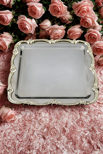 Gül Figürlü Döküm Kenarlı Paslanmaz Çelik Kare Sunum Tepsisi – Kararmayan Şıklık