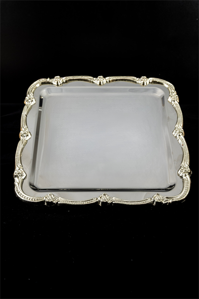 Gül Figürlü Döküm Kenarlı Paslanmaz Çelik Kare Sunum Tepsisi – Kararmayan Şıklık