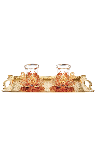 İkili Osmanlı Lale Dekorlu Gold Kuplu Çay Bardağı, Çay Kaşığı & Tepsili