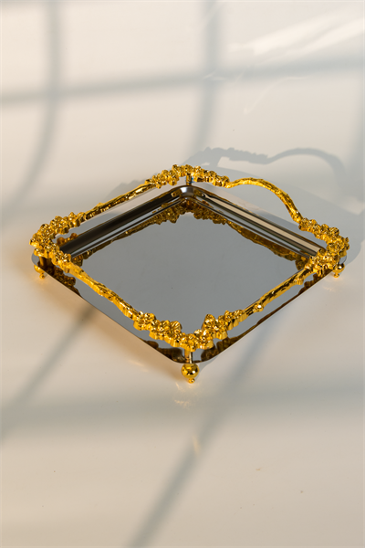 Lüks Gold Gül Detaylı Kare Sunum Tepsisi 21x21 cm – Ayaklı