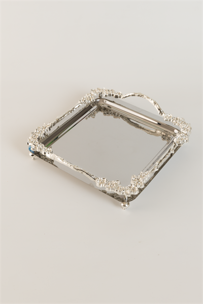 Lüks Gümüş Gül Detaylı Kare Sunum Tepsisi 21x21 cm – Ayaklı