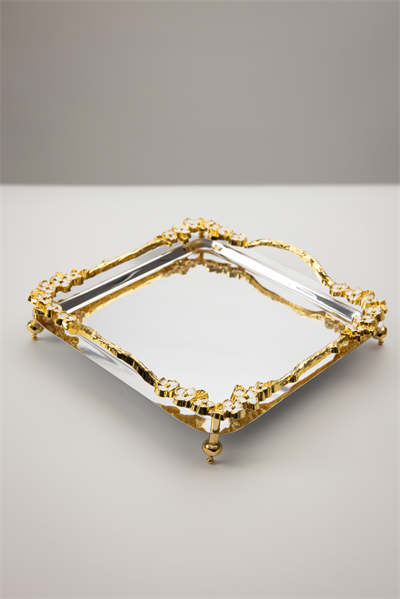 Lüks Kare Çelik Sunum Tepsisi | Gold Renkli Dallı Mineli Çiçekli Ayaklı Paslanmaz Söz Tepsisi 21x21 cm