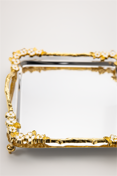 Lüks Kare Çelik Sunum Tepsisi | Gold Renkli Dallı Mineli Çiçekli Ayaklı Paslanmaz Söz Tepsisi 21x21 cm