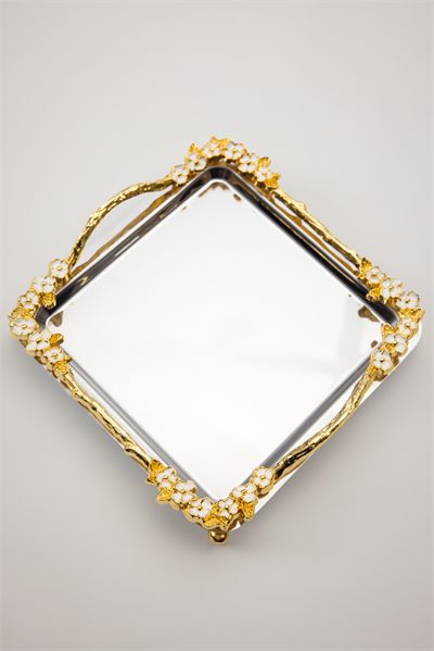 Lüks Kare Çelik Sunum Tepsisi | Gold Renkli Dallı Mineli Çiçekli Ayaklı Paslanmaz Söz Tepsisi 21x21 cm