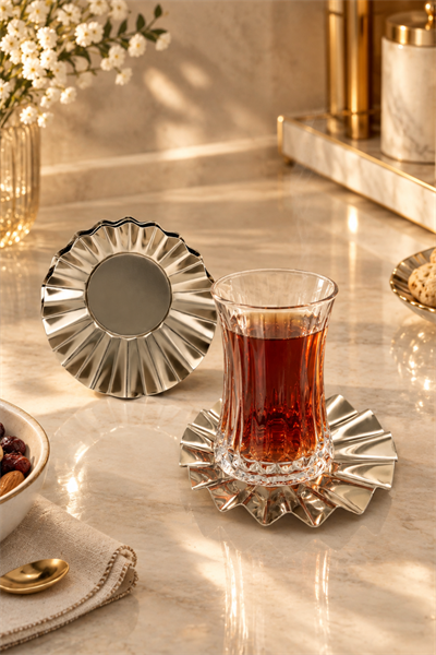Plise Yelpaze 6lı Çelik Çay Bardağı Tabağı Seti