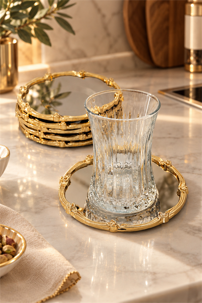 Royal Rose 6lı Çelik Çay Bardağı Tabağı
