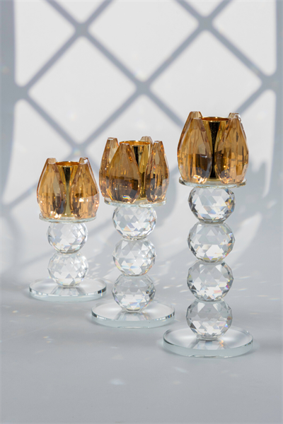 Sarı Kristal Cam Mumluk Şamdan 3lü Set – El İşçiliği Lotus Başlık, Farklı Boylar