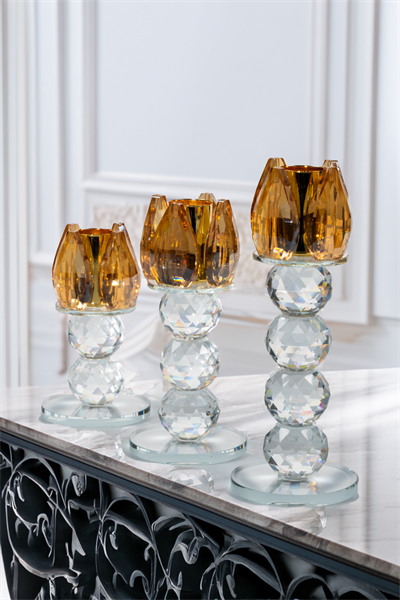 Sarı Kristal Cam Mumluk Şamdan 3lü Set – El İşçiliği Lotus Başlık, Farklı Boylar